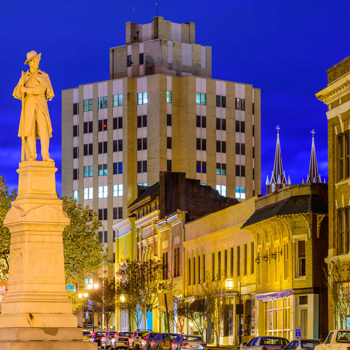 Charming townscape of Macon, Georgia at night
