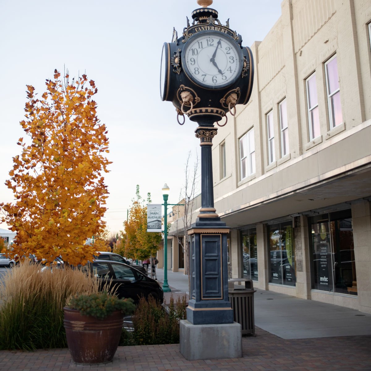 Clock tower and foliage in downtown Twin Falls, ID