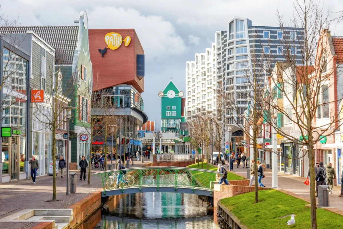 Canal and vibrant townscape in Zaandam