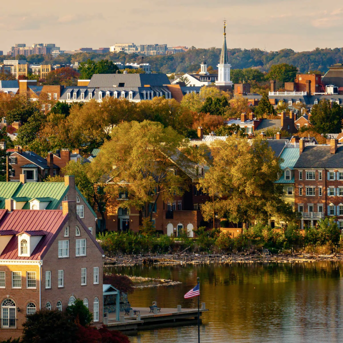 Fall foliage and Old Town buildings in Alexandria, VA