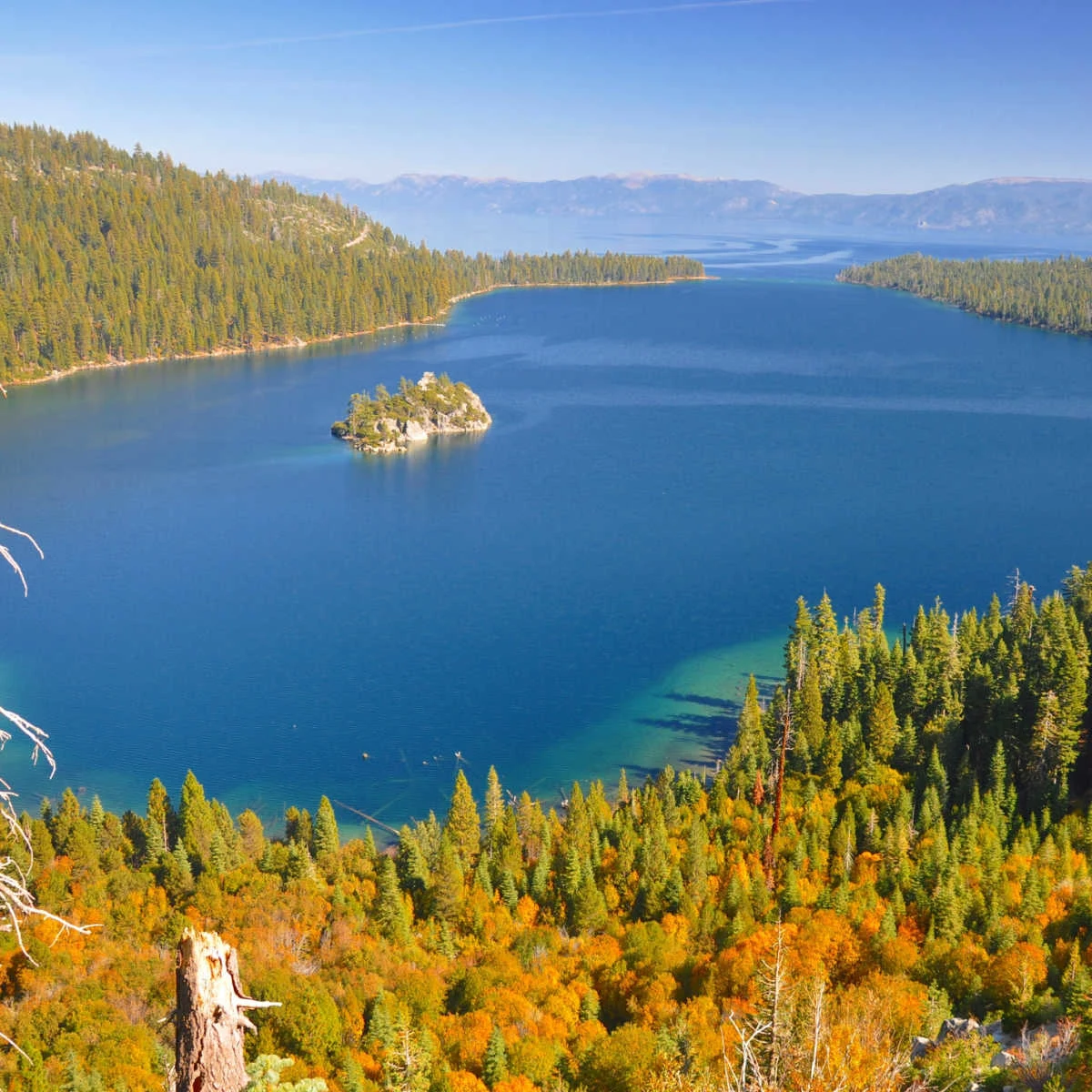 Fall foliage surrounding Emerald Bay, Lake Tahoe