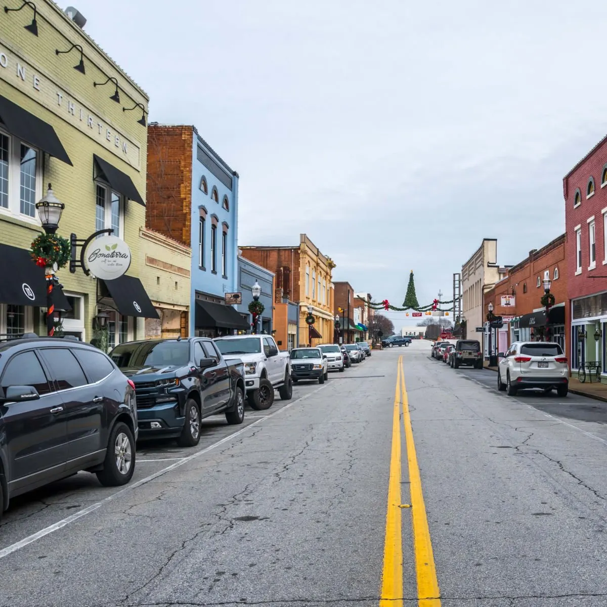 Historic buildings in Seneca, SC in winter