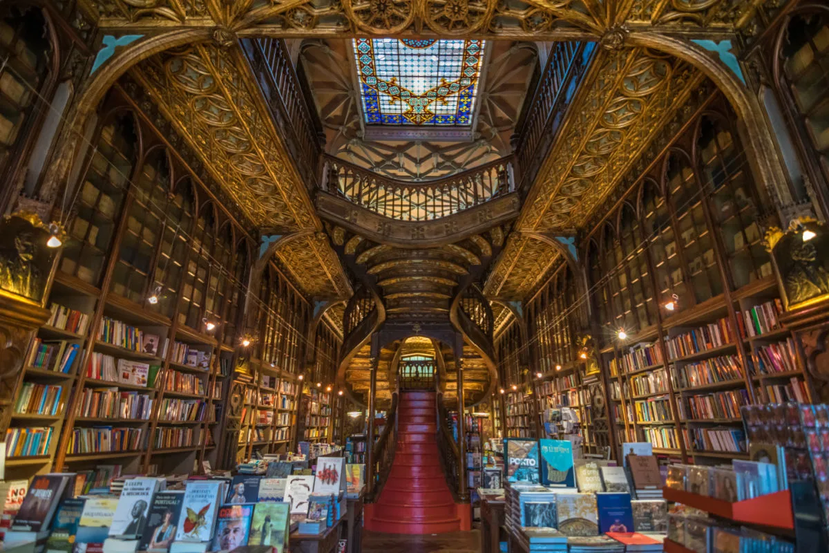 Interior view of Lello Bookstore (Livraria Lello) on of the most beautiful bookstores in the world