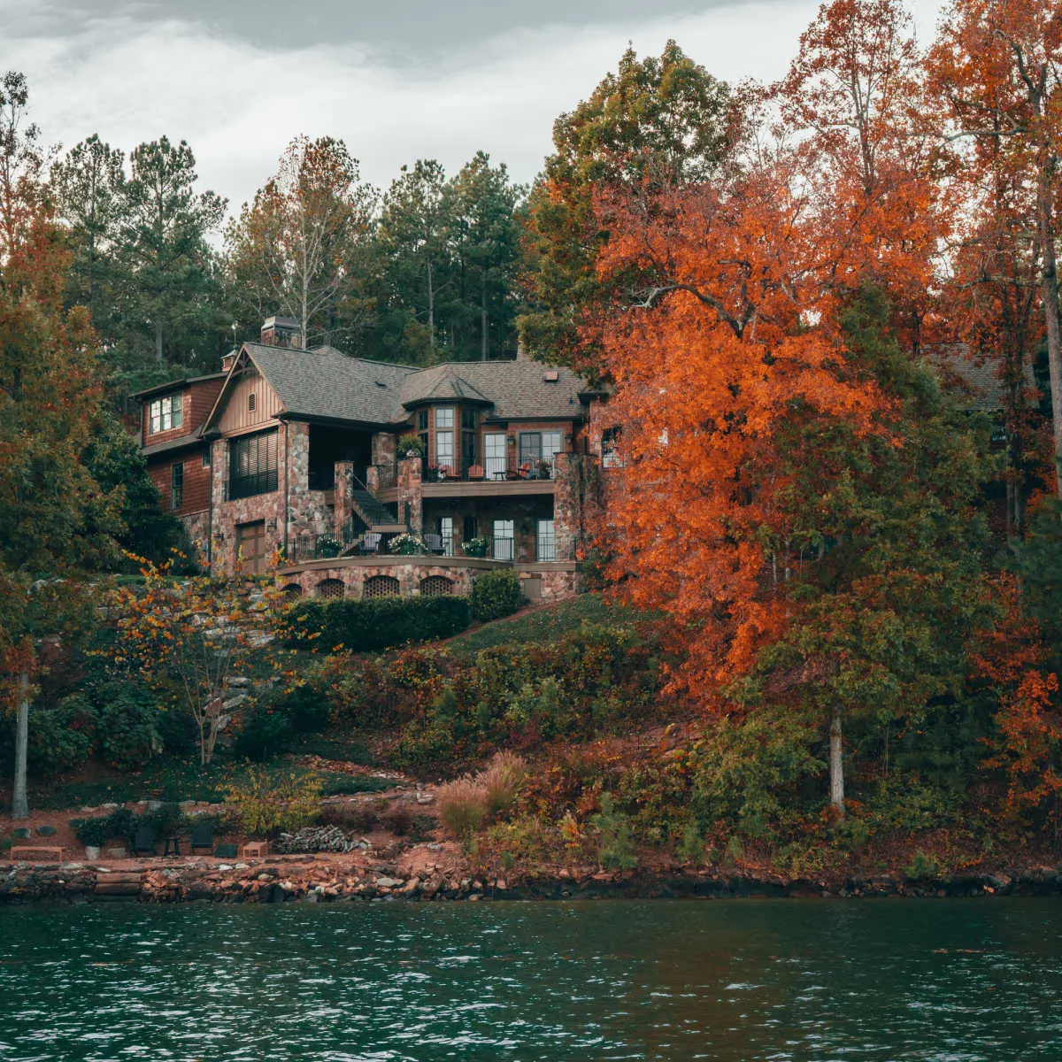 Luxe lakeside home during fall on Lake Keowee