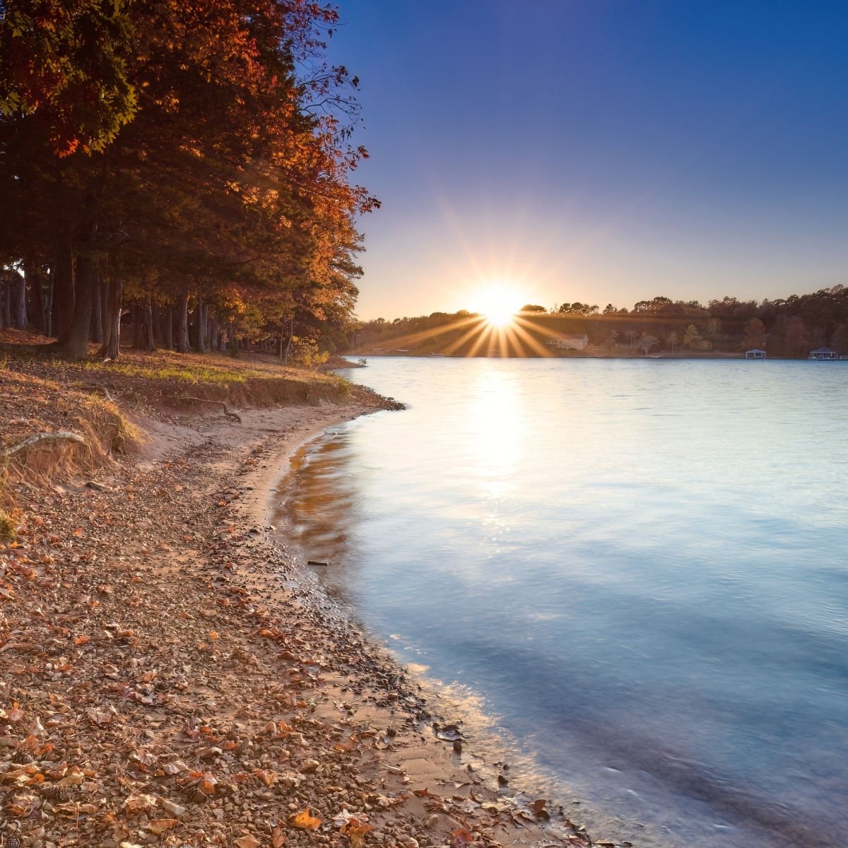 Rocky shores of Lake Keowee in fall