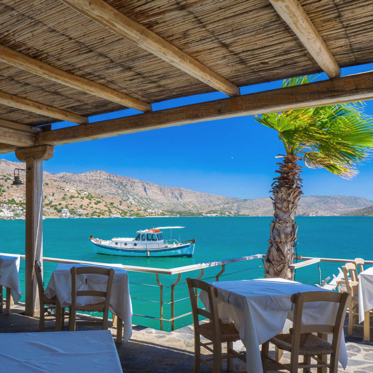 Seaside patio in Elounda, Greece