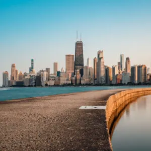 Skyline of Chicago towering over Lake Michigan