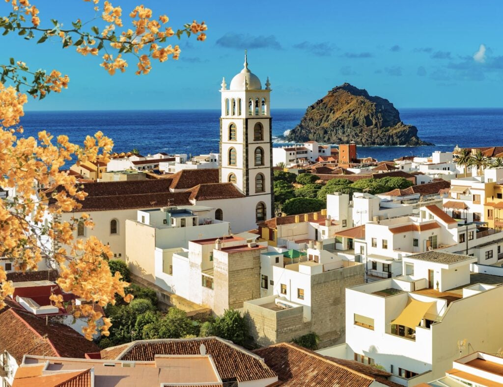 Tenerife island scenery.Ocean and beautiful stone,panoramic view of Garachico beach.Nature scenic seascape in Canary Island