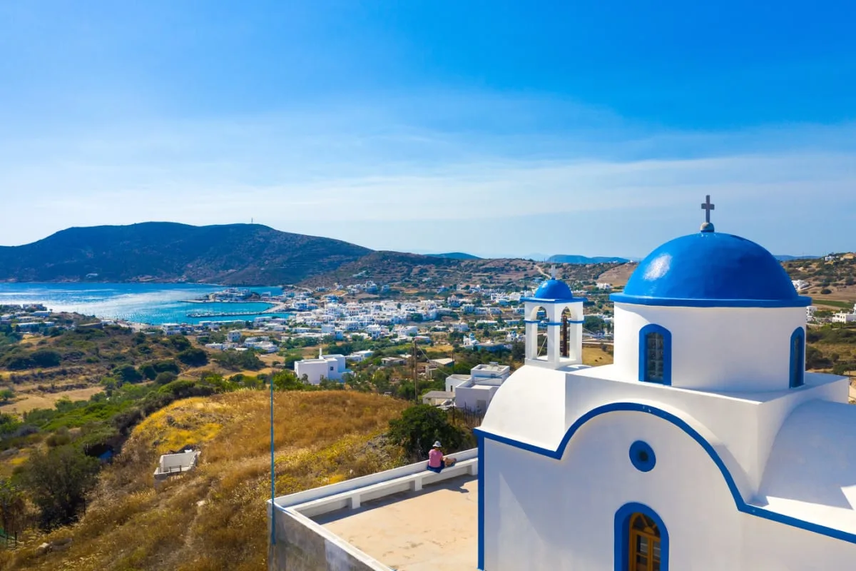 White church and small harbor on Lipsi