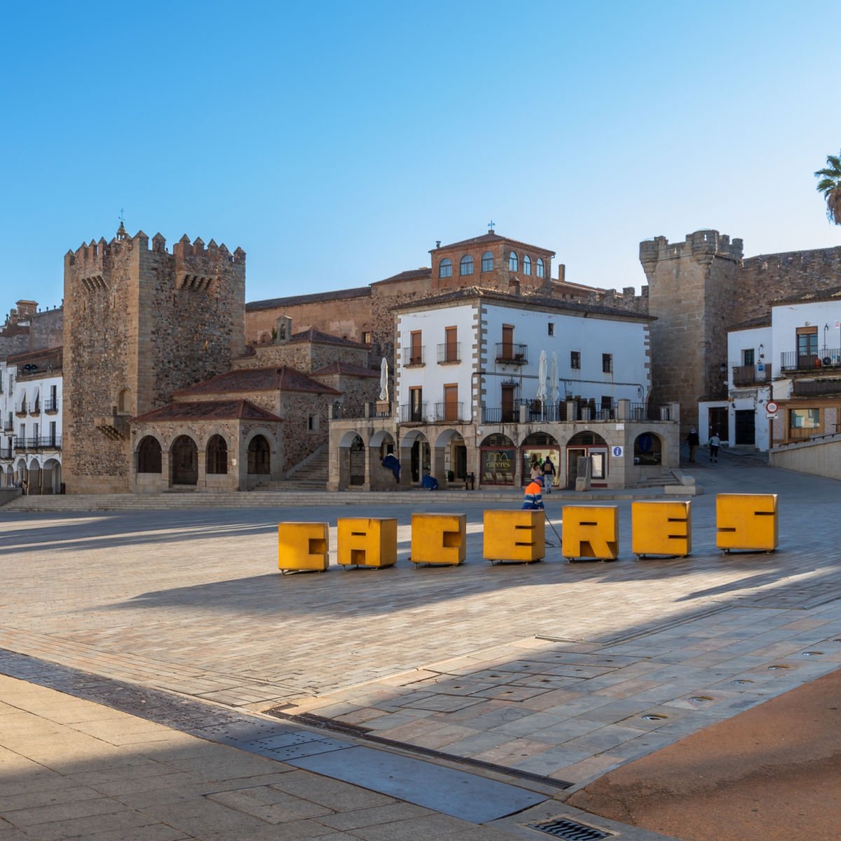 View of the main square buildings of this roman village namely the Old Town Area in Cáceres, Spain.