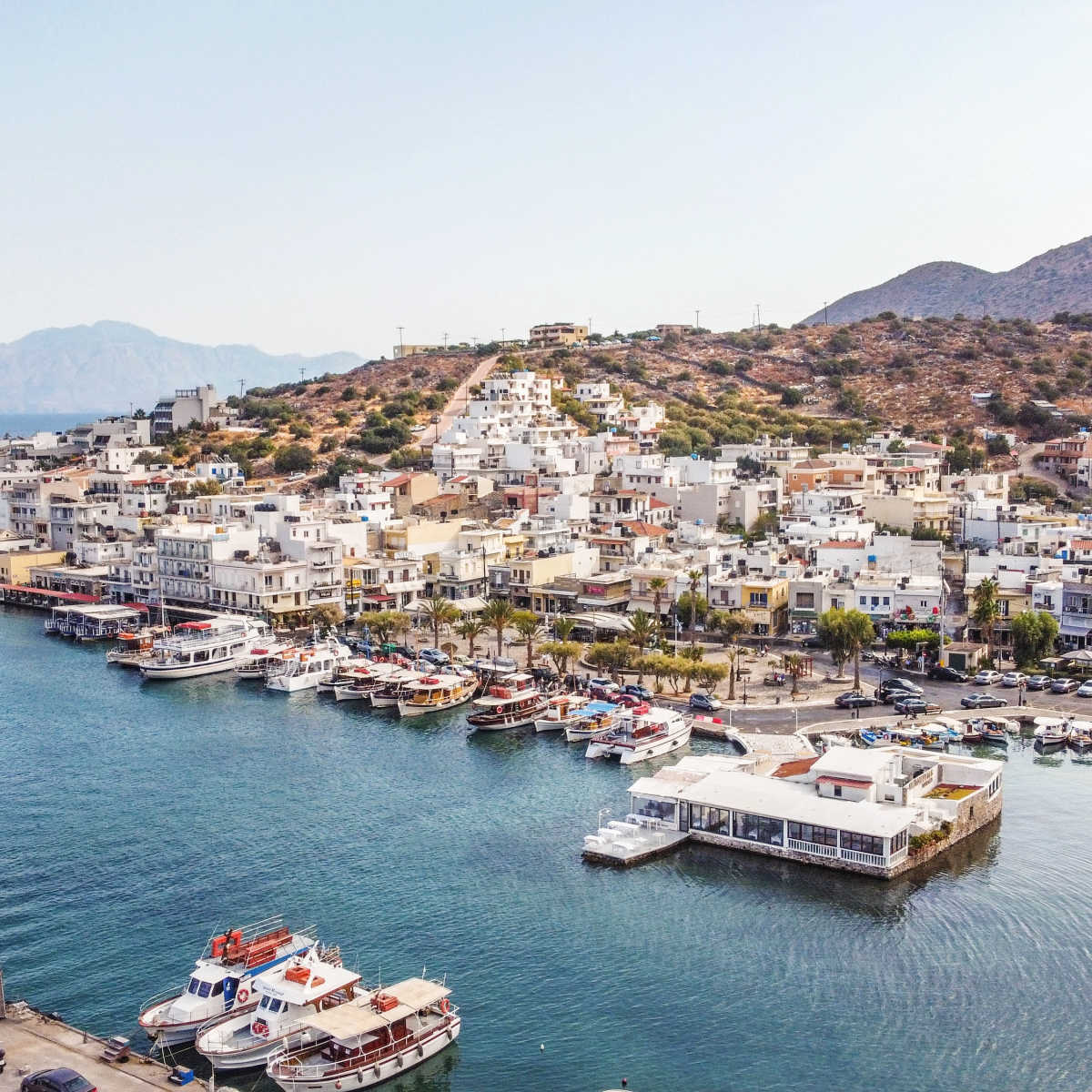 Whitewashed townscape of Elounda, Greece