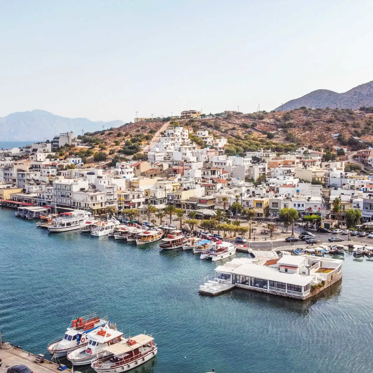 Whitewashed townscape of Elounda, Greece