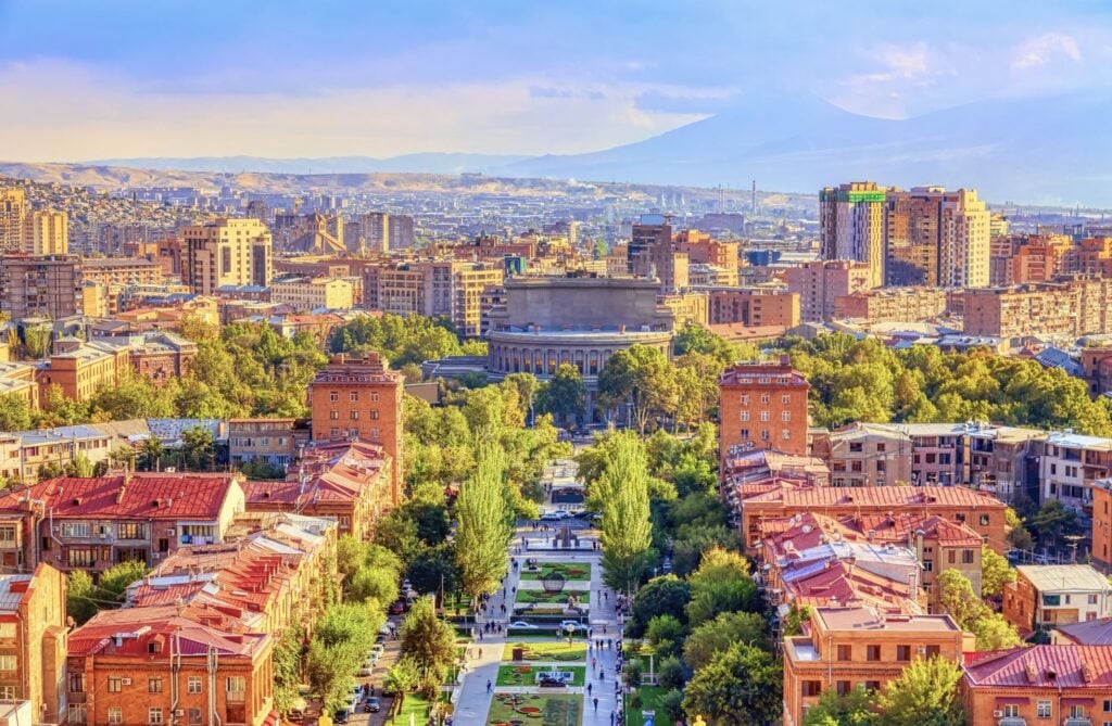 Yerevan cityscape view from Yerevan cascade with mount Ararat. Yerevan, Armenia.