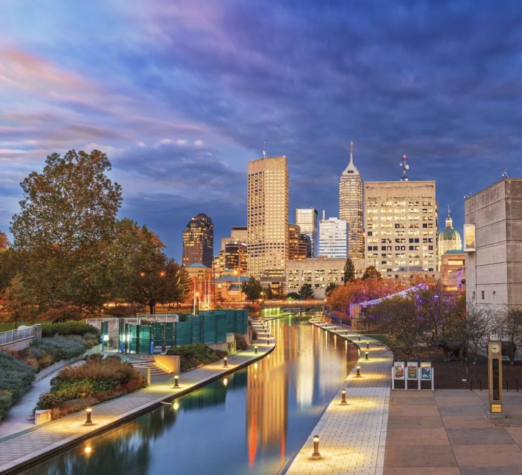 downtown cityscape over the river walk at twilight.