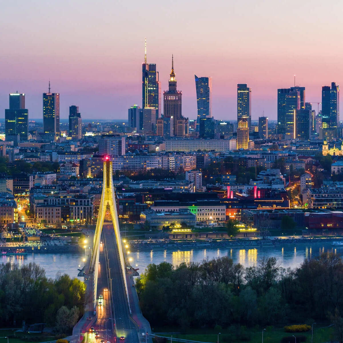 Aerial View Of Warsaw Skyline At Night, Poland