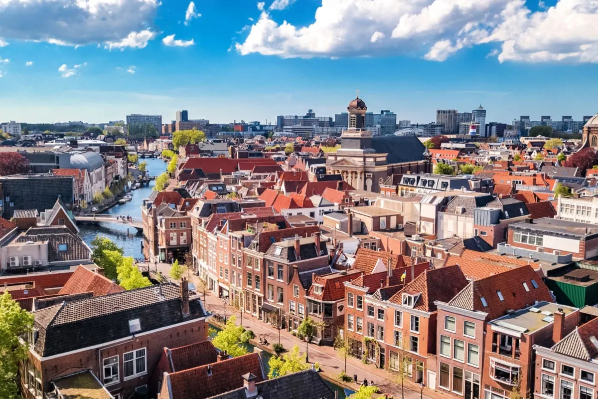 Aerial view of Leiden town from above, typical Dutch city skyline with canals and houses, Holland, Netherlands