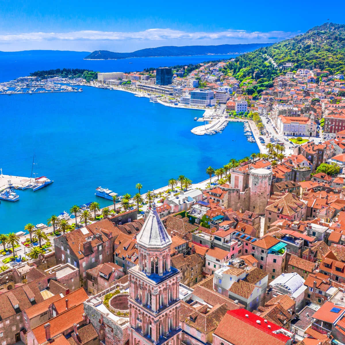 Aerial view of Split, Croatia's vibrant shores and red-tiled cityscape