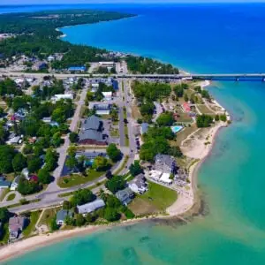 Aerial view of blue waters offshore of Mackinaw City, MI