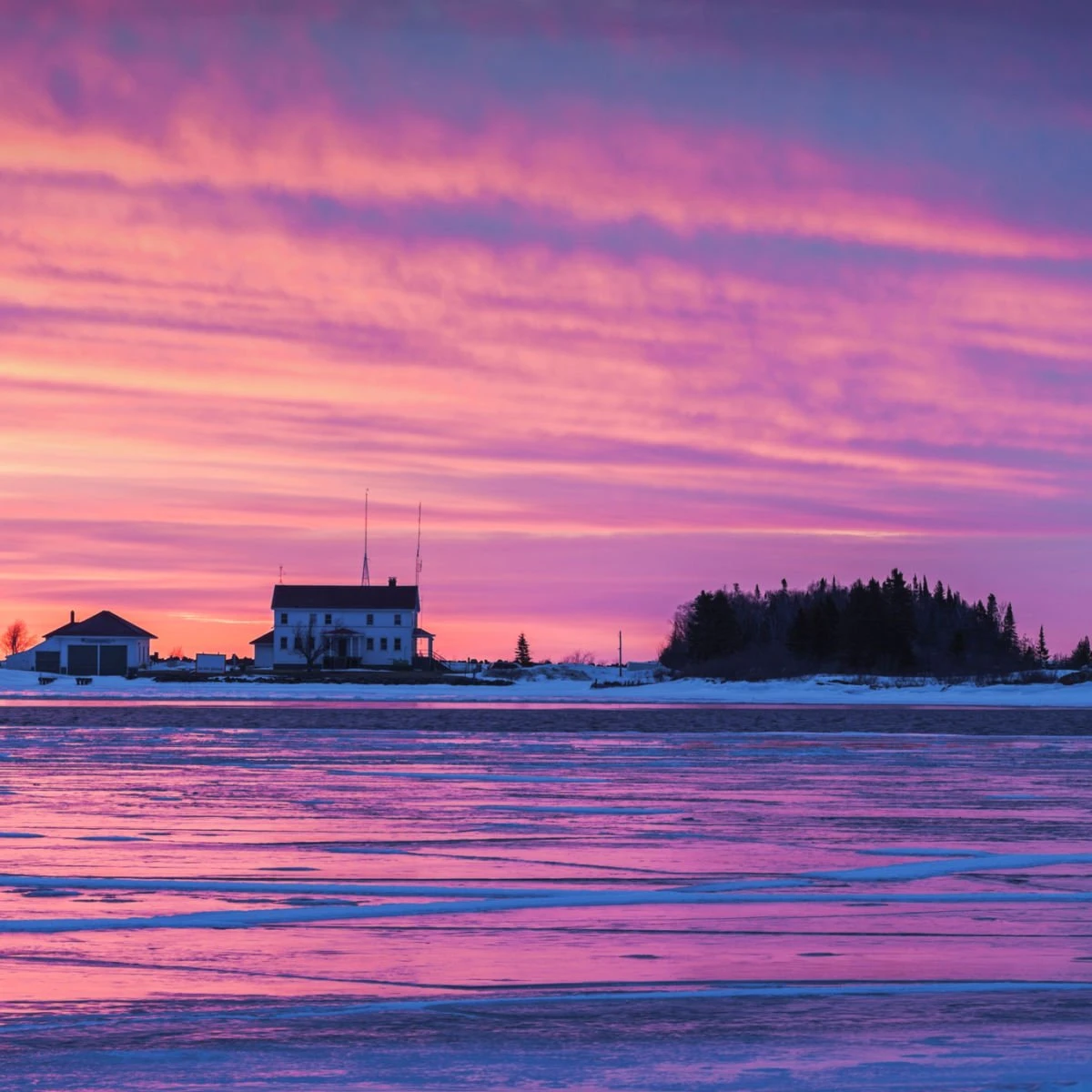Colorful skies over lake in Grand Marias, MN