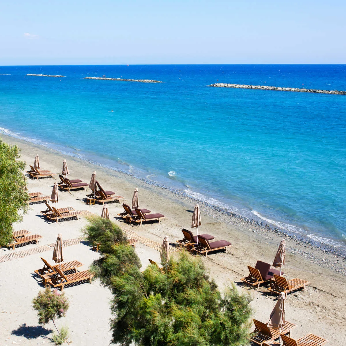 Empty beach chairs in Limassol, Cyprus
