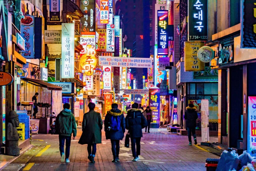 Neon-lit walkway in Seoul