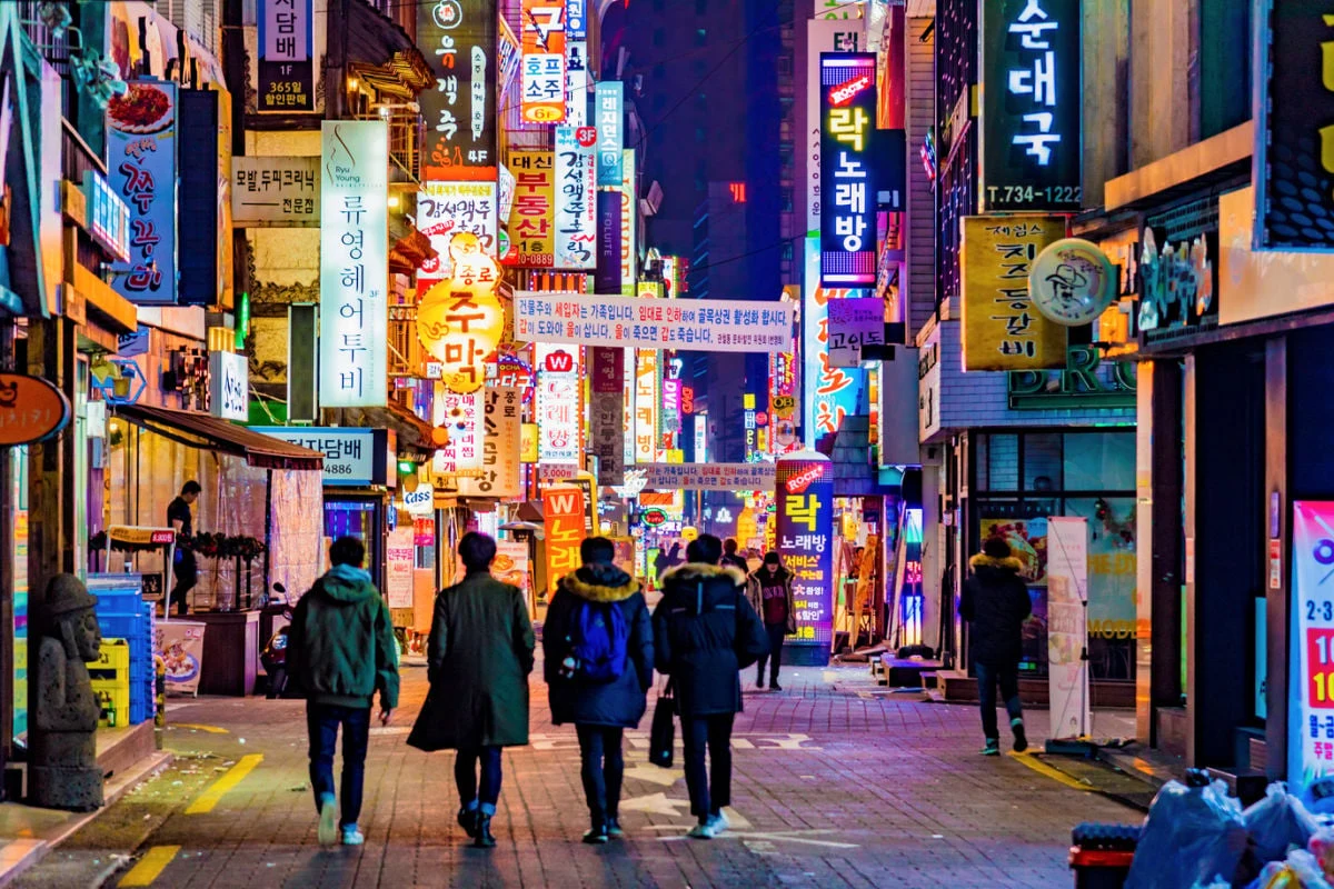 Neon-lit walkway in Seoul