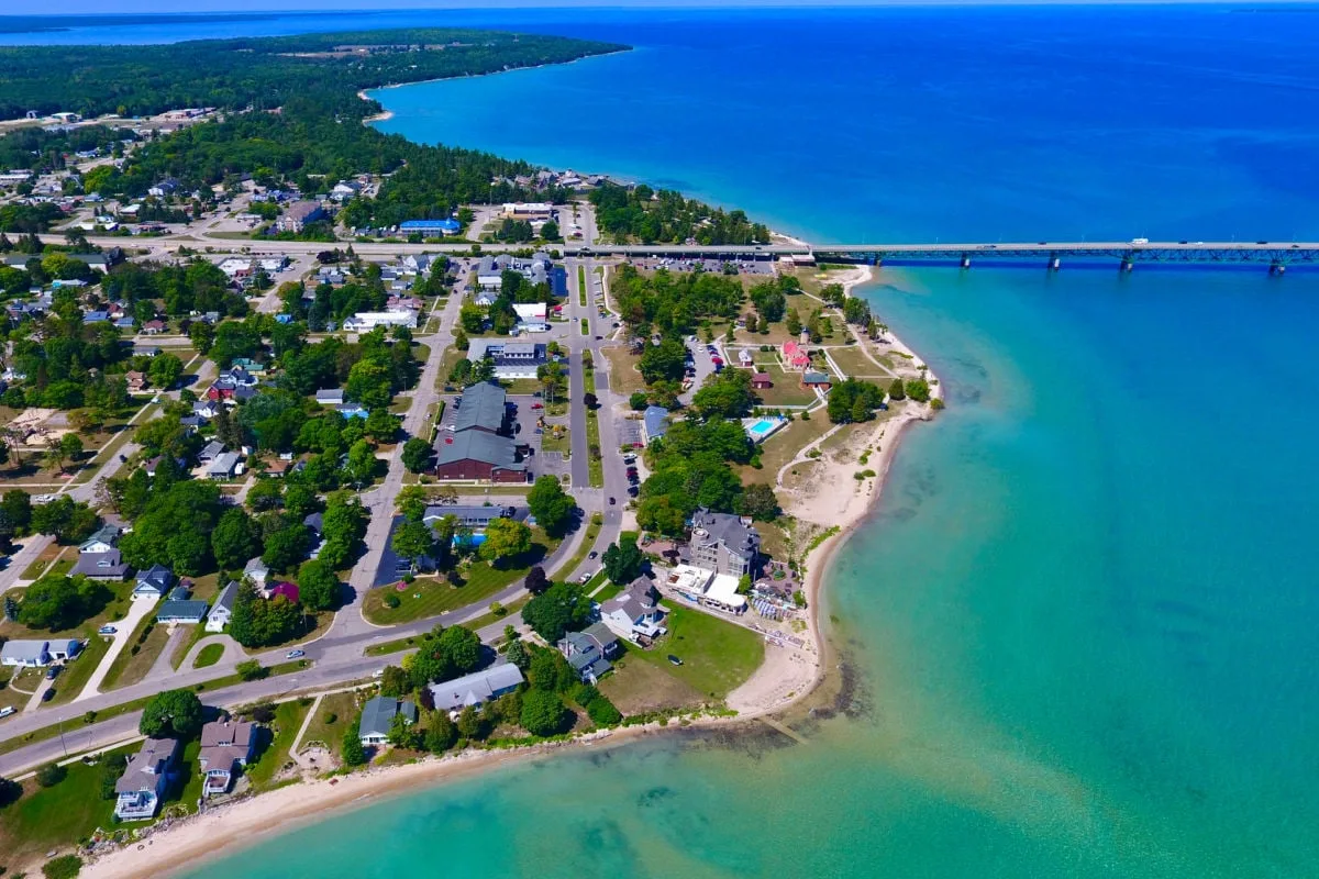 Aerial view of blue waters offshore of Mackinaw City, MI