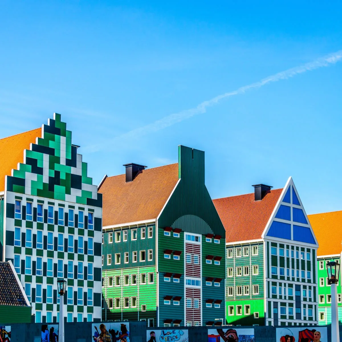 Quirky row of colorful stacked homes in Zaandam