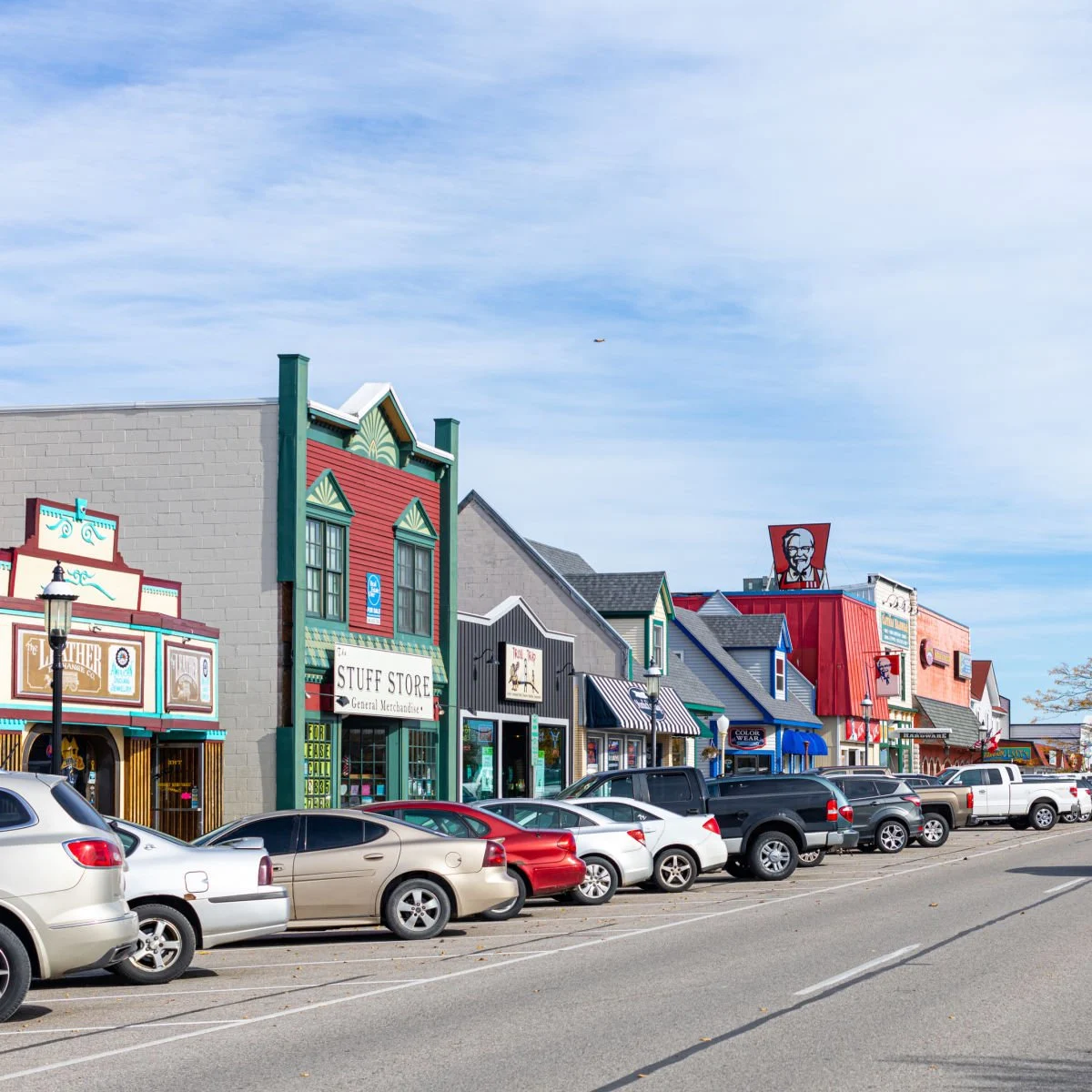 Row of nostalgic storefronts in Mackinaw City