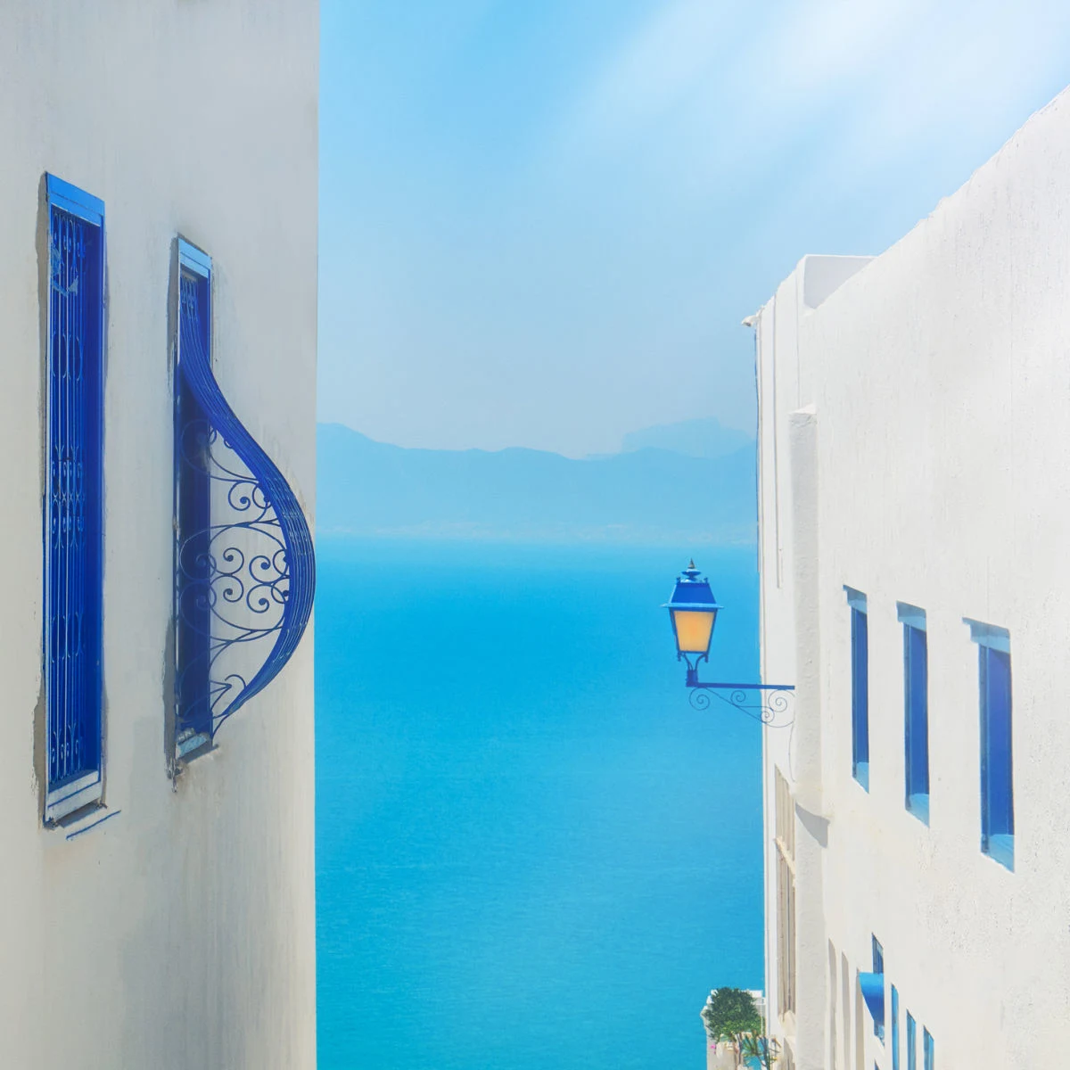Sea view from Sidi Bou Said's whitewashed townscape