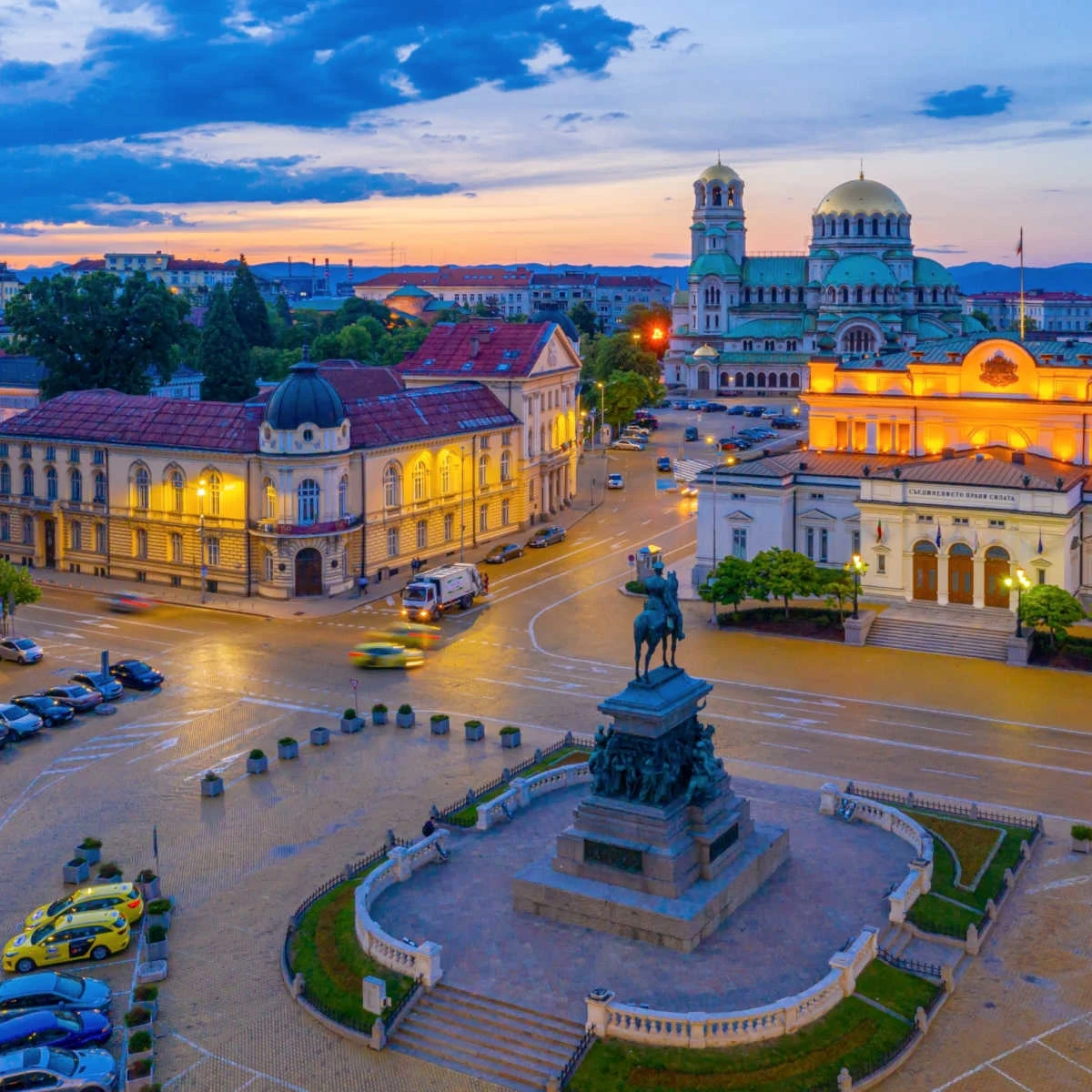 Sofia, Bulgaria cityscape at dusk