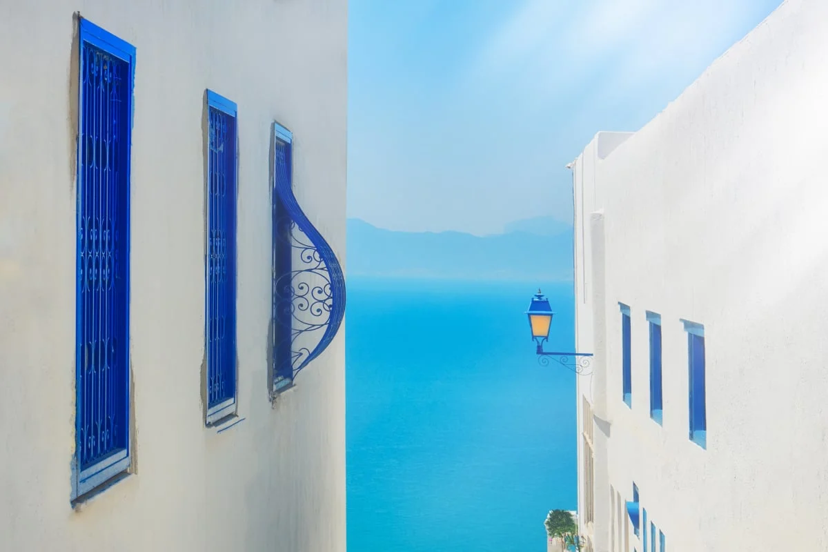 Sea view from Sidi Bou Said's whitewashed townscape