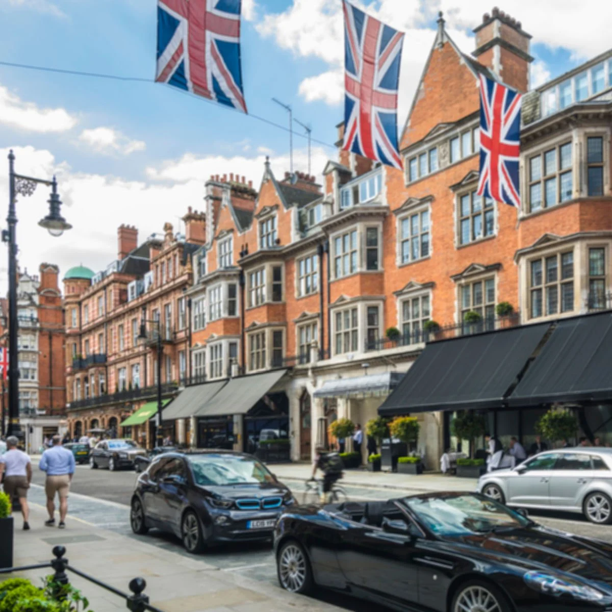 UK flags strung along historic London neighborhood