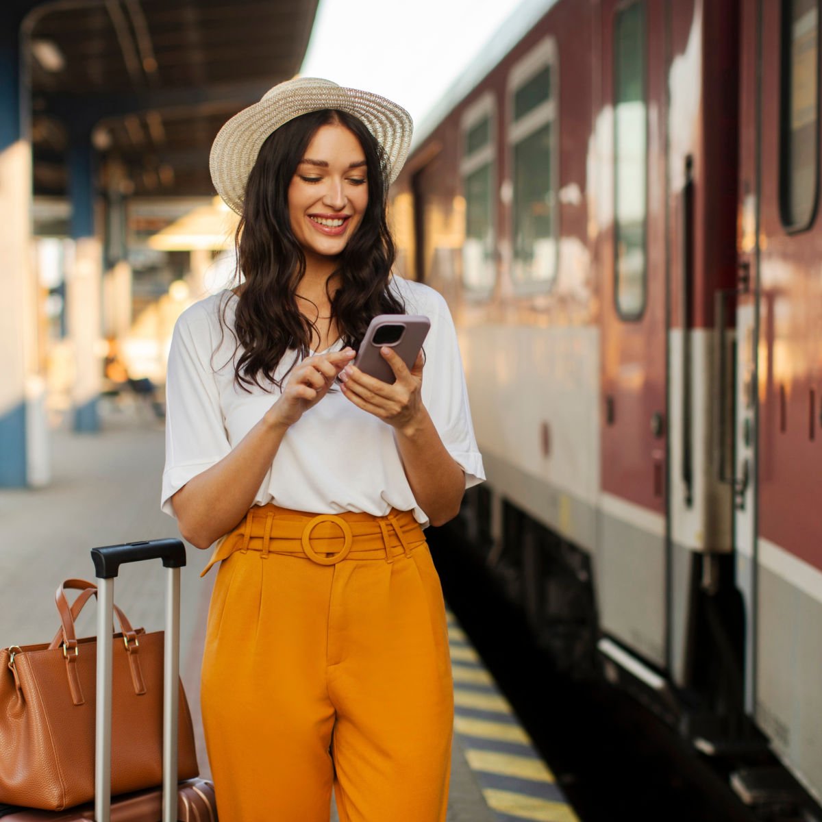 Woman with luggage boarding train in Europe