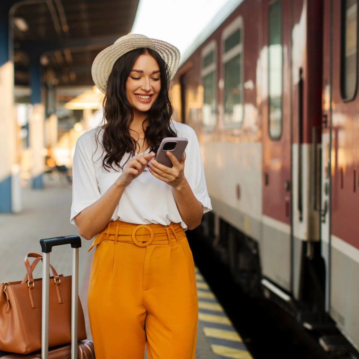 Woman with luggage boarding train in Europe