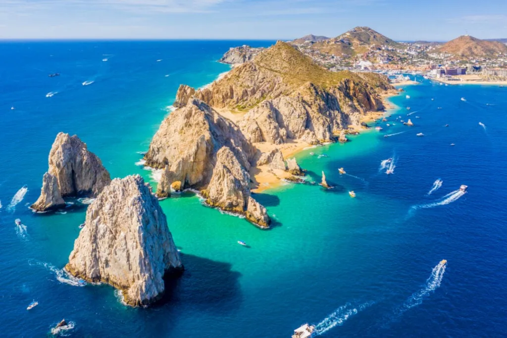 Aerial view of Lands End and the Arch of Cabo San Lucas, Baja California Sur, Mexico, where the Gulf of California meets the Pacific Ocean