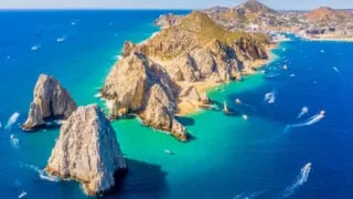 Aerial view of Lands End and the Arch of Cabo San Lucas, Baja California Sur, Mexico, where the Gulf of California meets the Pacific Ocean