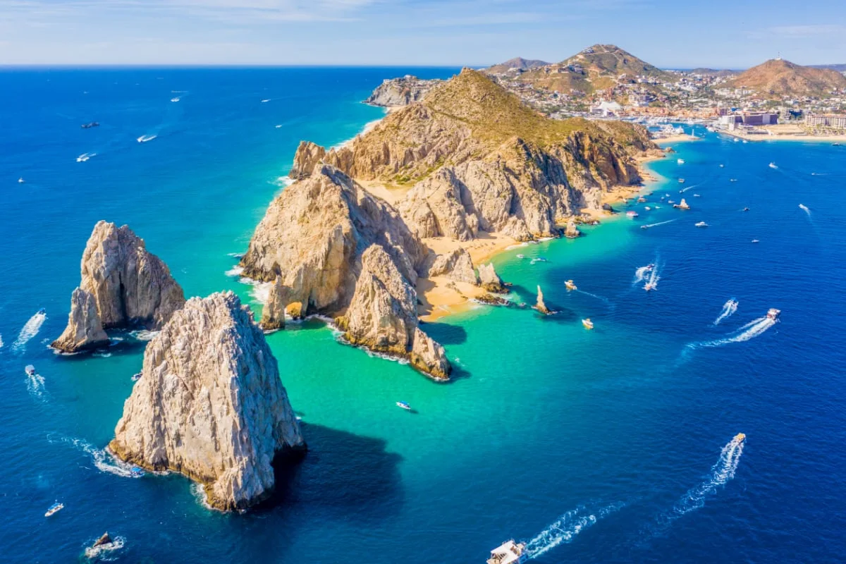 Aerial view of Lands End and the Arch of Cabo San Lucas, Baja California Sur, Mexico, where the Gulf of California meets the Pacific Ocean