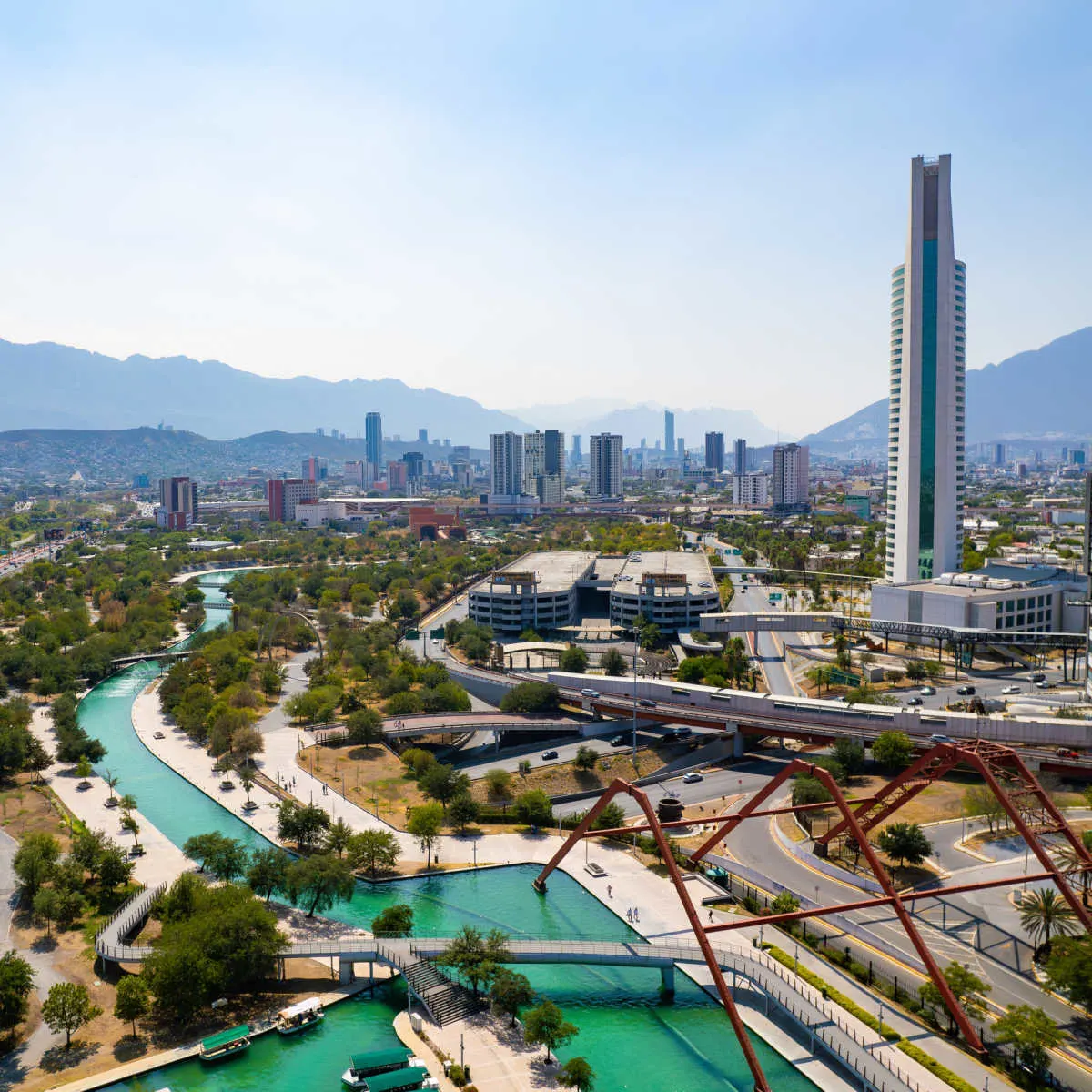 Aerial view of Monterrey, Mexico riverwalk and skyline