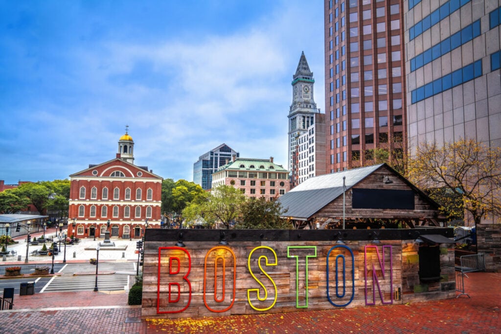 Boston Faneuil Hall square and cityscape view, Massachusetts state of USA