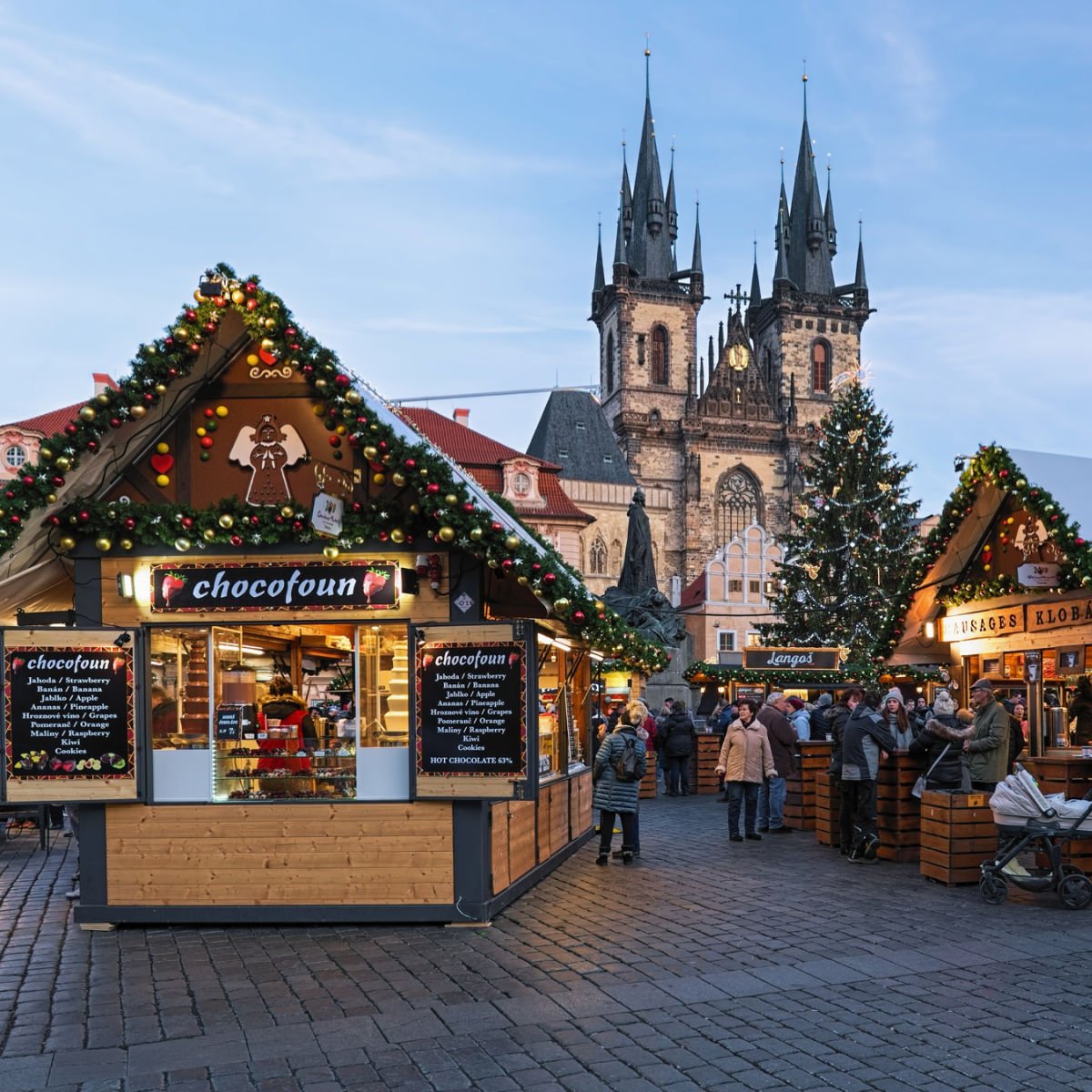 Christmas market in Prague before nightfall.
