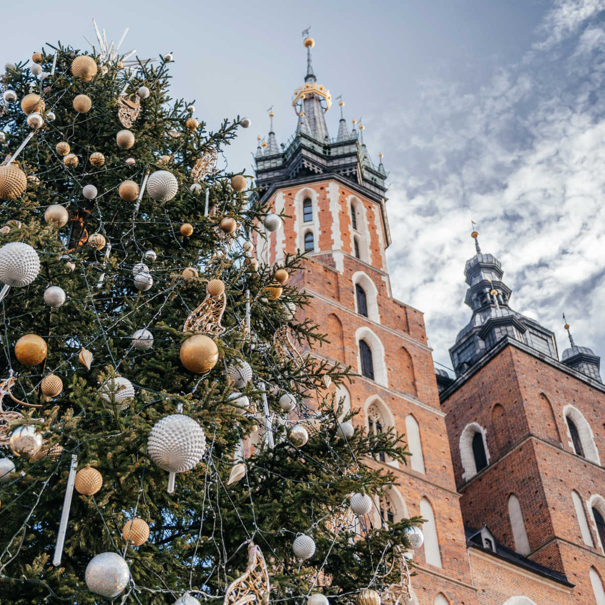 Christmas tree and cathedral in Krakow, Poland