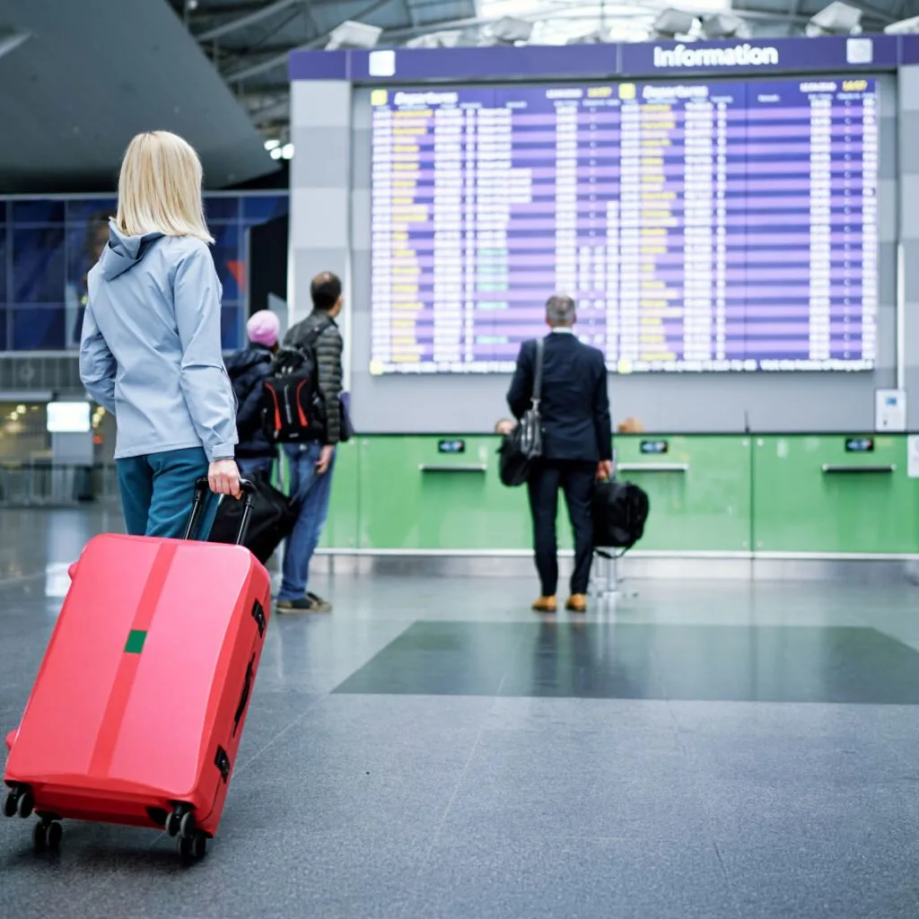 Female traveler with luggage viewing departure board