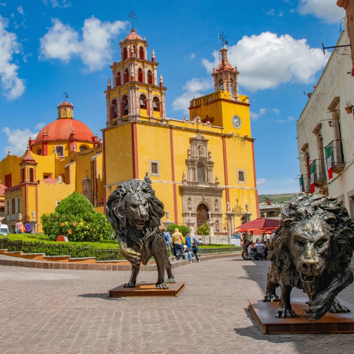 Lion sculptures in historic plaza in Guanajuato, MX
