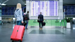 Female traveler with luggage viewing departure board