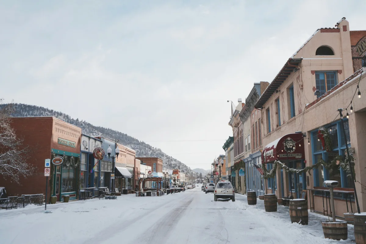 Snow-covered streets in Idaho Springs, CO