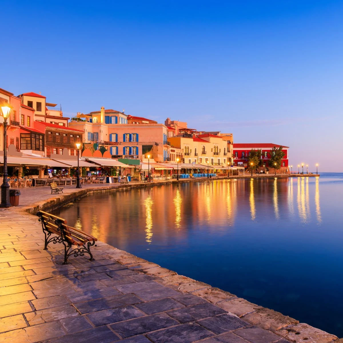 Old Port in Chania, Greece at dusk