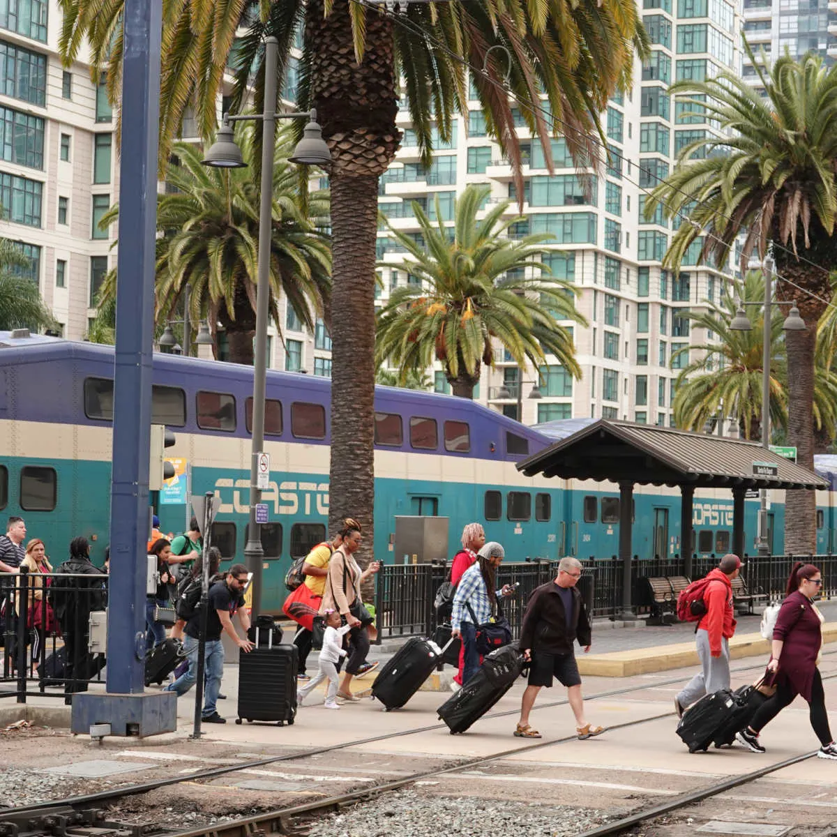 Passengers leaving San Diego Coaster train