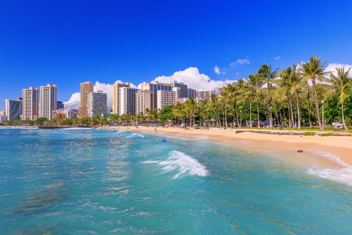 Skyline of Honolulu, Hawaii and the surrounding area including the hotels and buildings on Waikiki Beach.