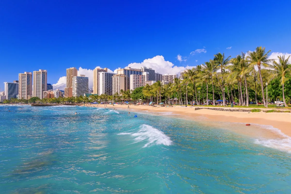 Skyline of Honolulu, Hawaii and the surrounding area including the hotels and buildings on Waikiki Beach.